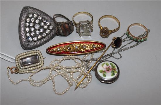 A 19th century mourning brooch, 3 gold rings, gold stick pin and 2 other items including reed pearl necklace and diamond brooch